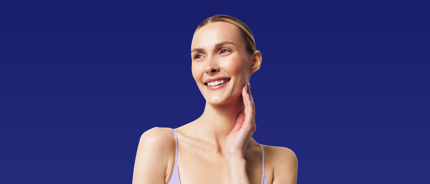 May-Landing Page_1400x600 Blonde Woman on Blue Background